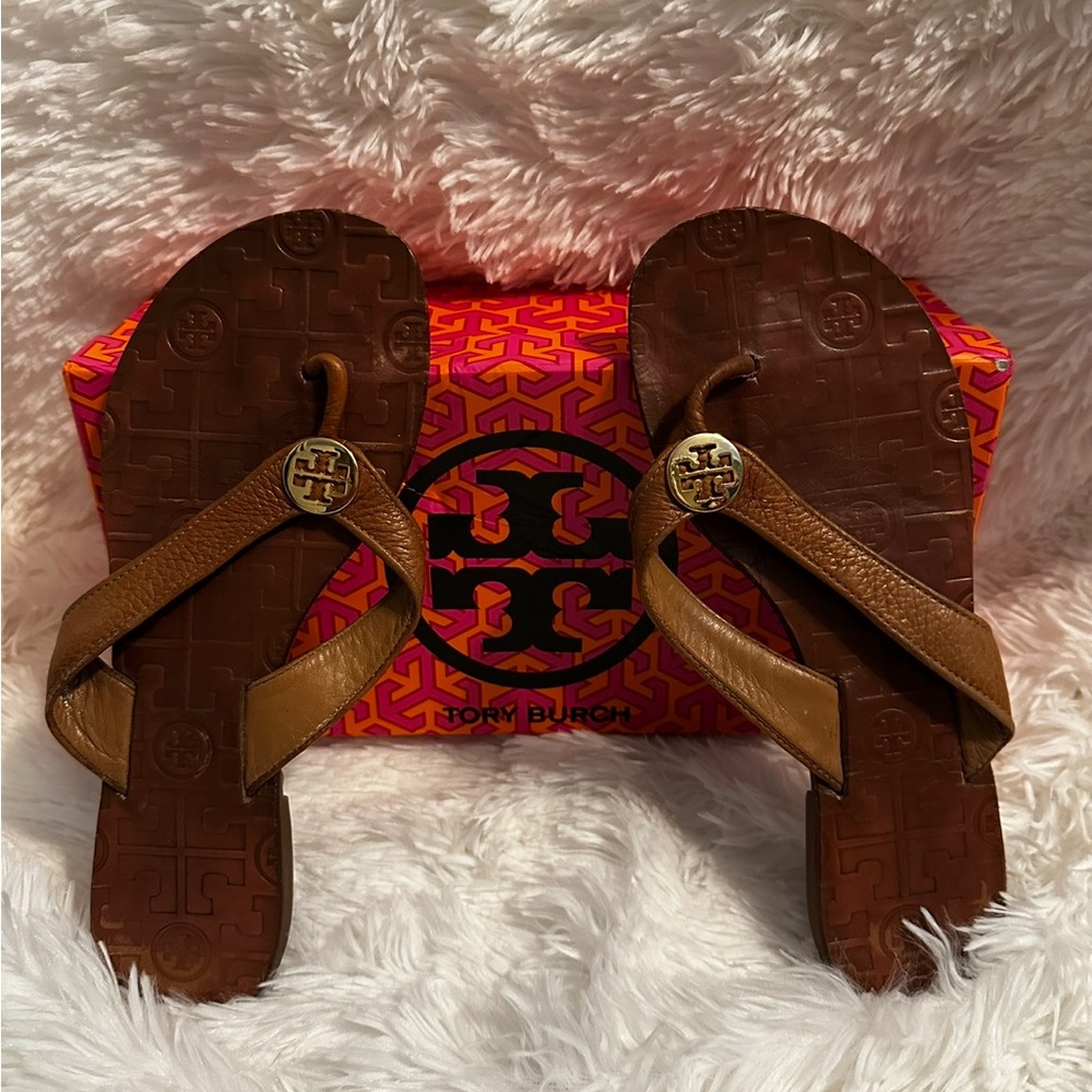 Tory Burch Tan Leather Flip Flops